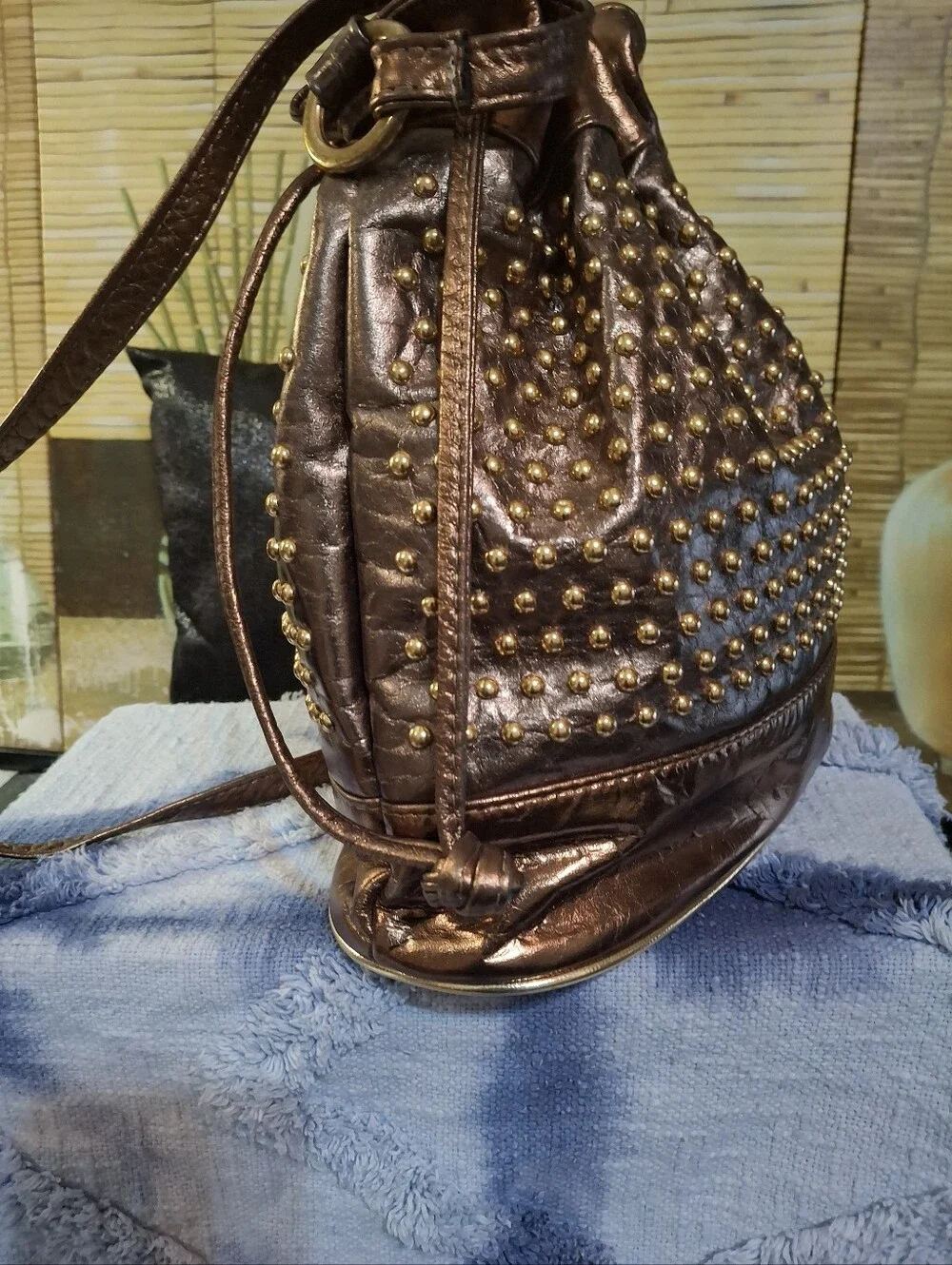 Metallic Brown Studded Drawstring Shoulder Bag
